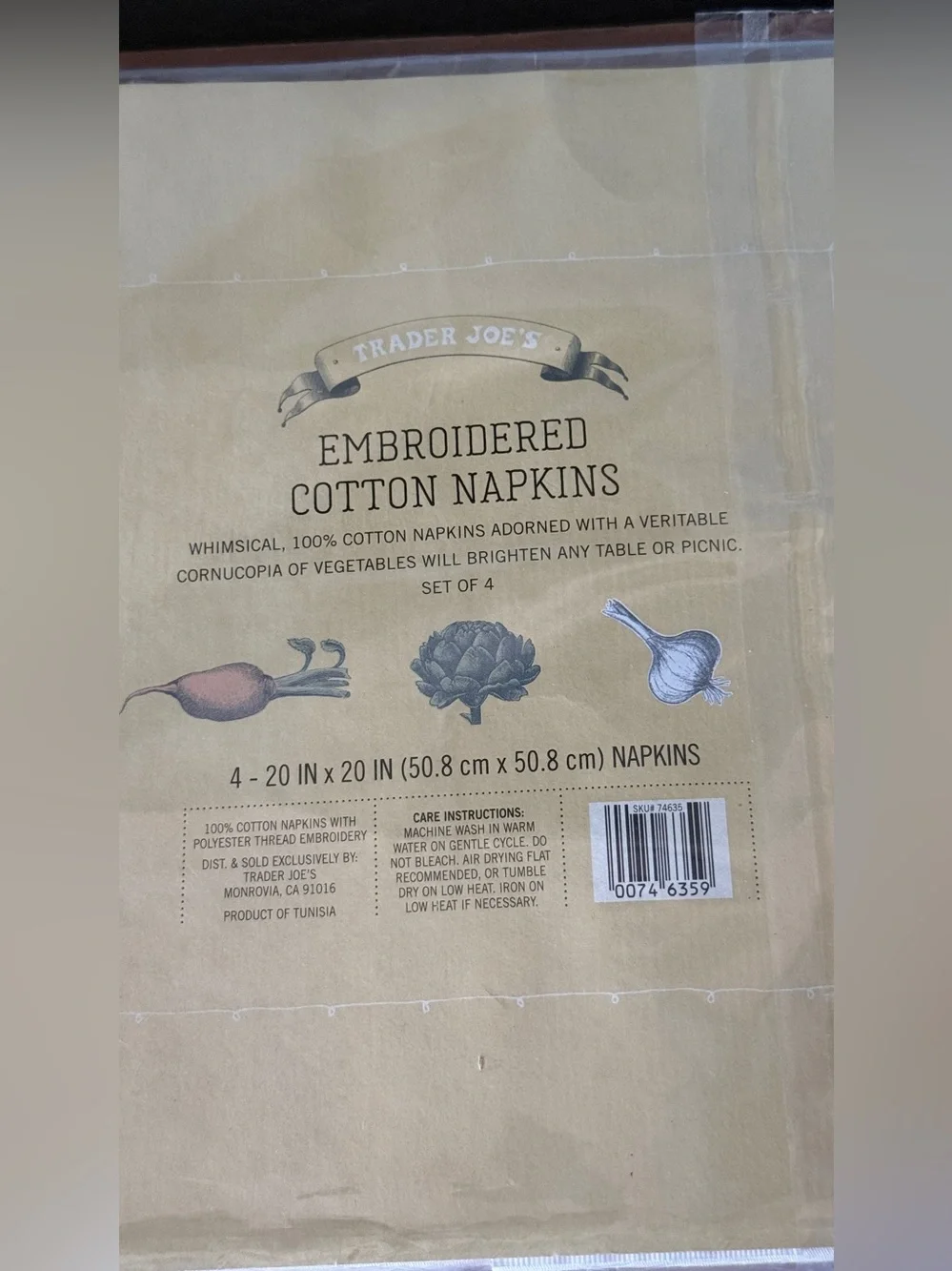 Trader Joe’s Retired Embroidered Vegetable Napkins 20” Complete Set of 8 NEW